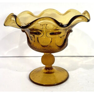 Vintage MCM Stelvia Italy Amber Glass Flounce-Rim Pedestal Candy Dish